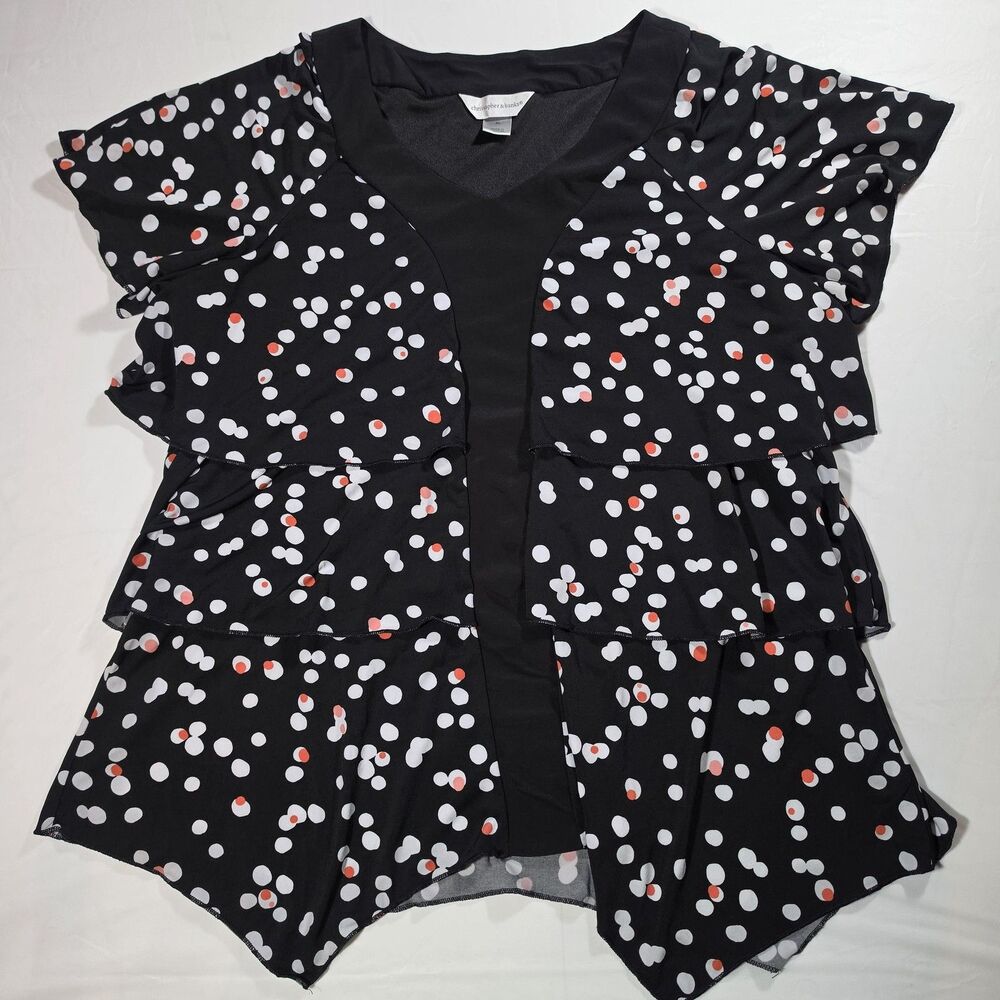 Christopher & Banks Tunic Blouse Womens Size XL Black Polka Dot Ruffle Chiffon